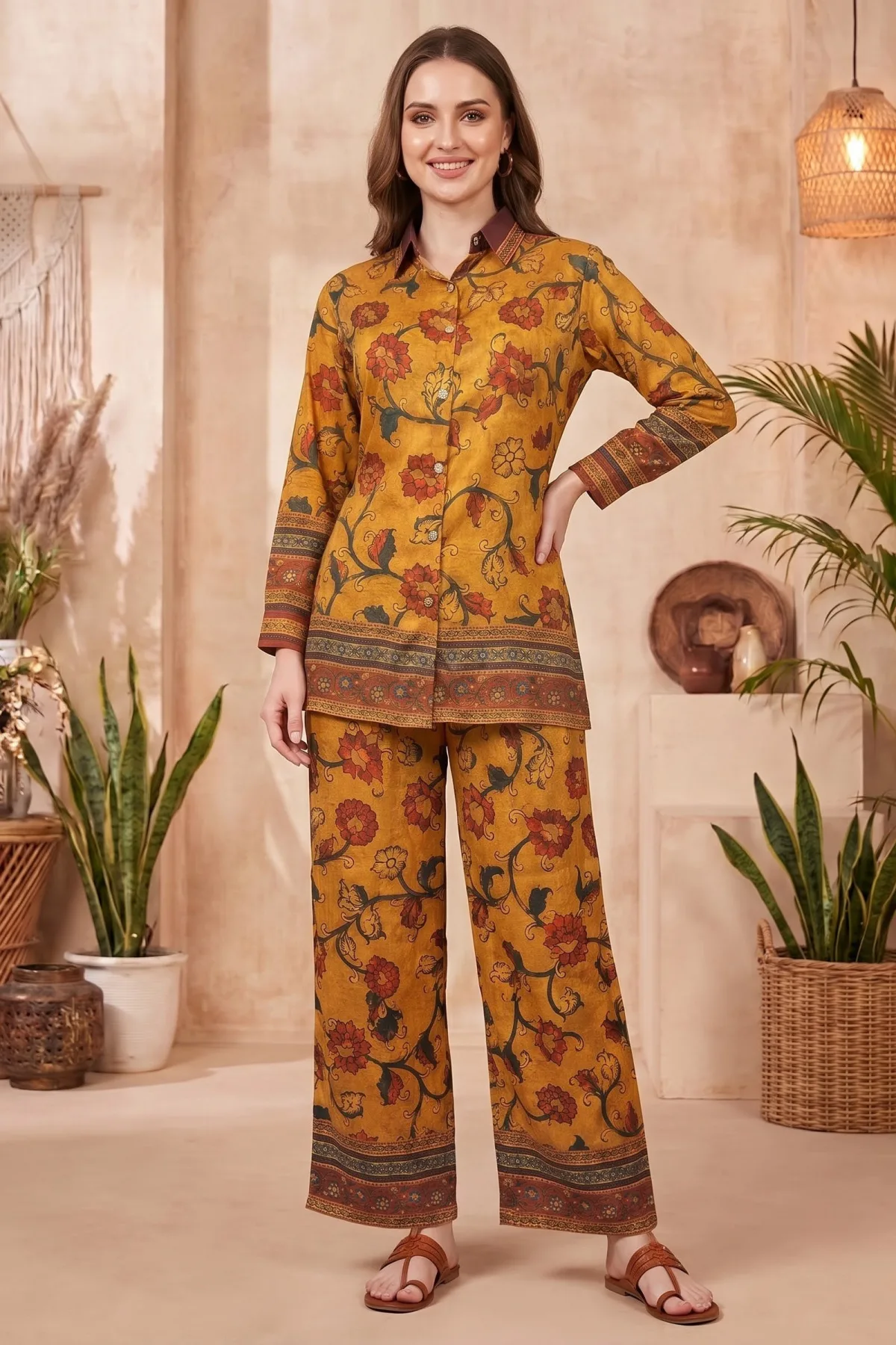 Mustard Floral Printed Co Ord Set with Shirt Collar