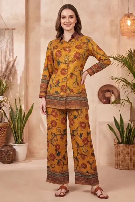 Mustard Floral Printed Co Ord Set with Shirt Collar