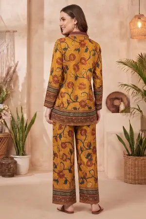 Mustard Floral Printed Co Ord Set with Shirt Collar - photo 2
