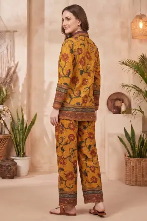 Mustard Floral Printed Co Ord Set with Shirt Collar - photo 3
