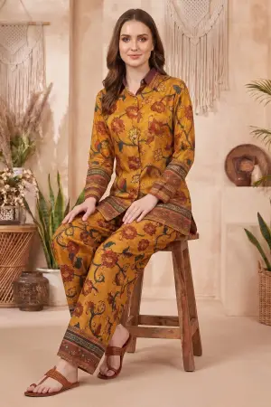 Mustard Floral Printed Co Ord Set with Shirt Collar - photo 4