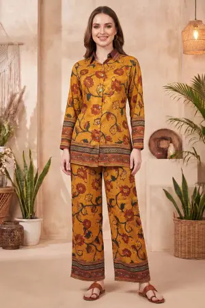 Mustard Floral Printed Co Ord Set with Shirt Collar - photo 5