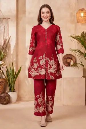 Cherry Red Cotton Printed Kurta Pant Co Ord Set with V Neck - photo 1