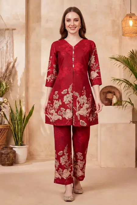 Cherry Red Cotton Printed Kurta Pant Co Ord Set with V Neck