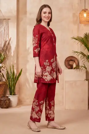 Cherry Red Cotton Printed Kurta Pant Co Ord Set with V Neck - photo 2