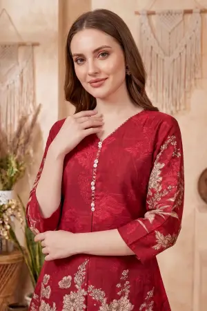 Cherry Red Cotton Printed Kurta Pant Co Ord Set with V Neck - photo 3