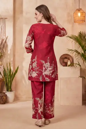 Cherry Red Cotton Printed Kurta Pant Co Ord Set with V Neck - photo 4