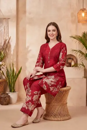 Cherry Red Cotton Printed Kurta Pant Co Ord Set with V Neck - photo 5