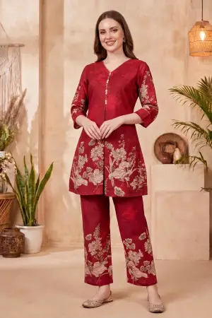 Cherry Red Cotton Printed Kurta Pant Co Ord Set with V Neck - photo 6
