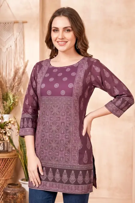 Rich Wine Ajrakh Print Cotton Blend Short Kurti with Thread Work