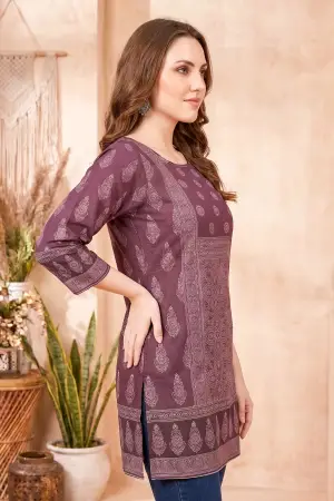 Rich Wine Ajrakh Print Cotton Blend Short Kurti with Thread Work - photo 2