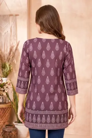 Rich Wine Ajrakh Print Cotton Blend Short Kurti with Thread Work - photo 4