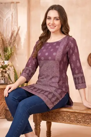 Rich Wine Ajrakh Print Cotton Blend Short Kurti with Thread Work - photo 5