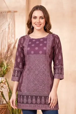 Rich Wine Ajrakh Print Cotton Blend Short Kurti with Thread Work - photo 6