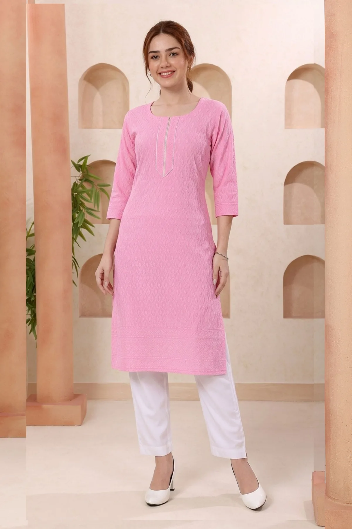 Rosy Pink Rayon Chikankari Long Kurta for Women