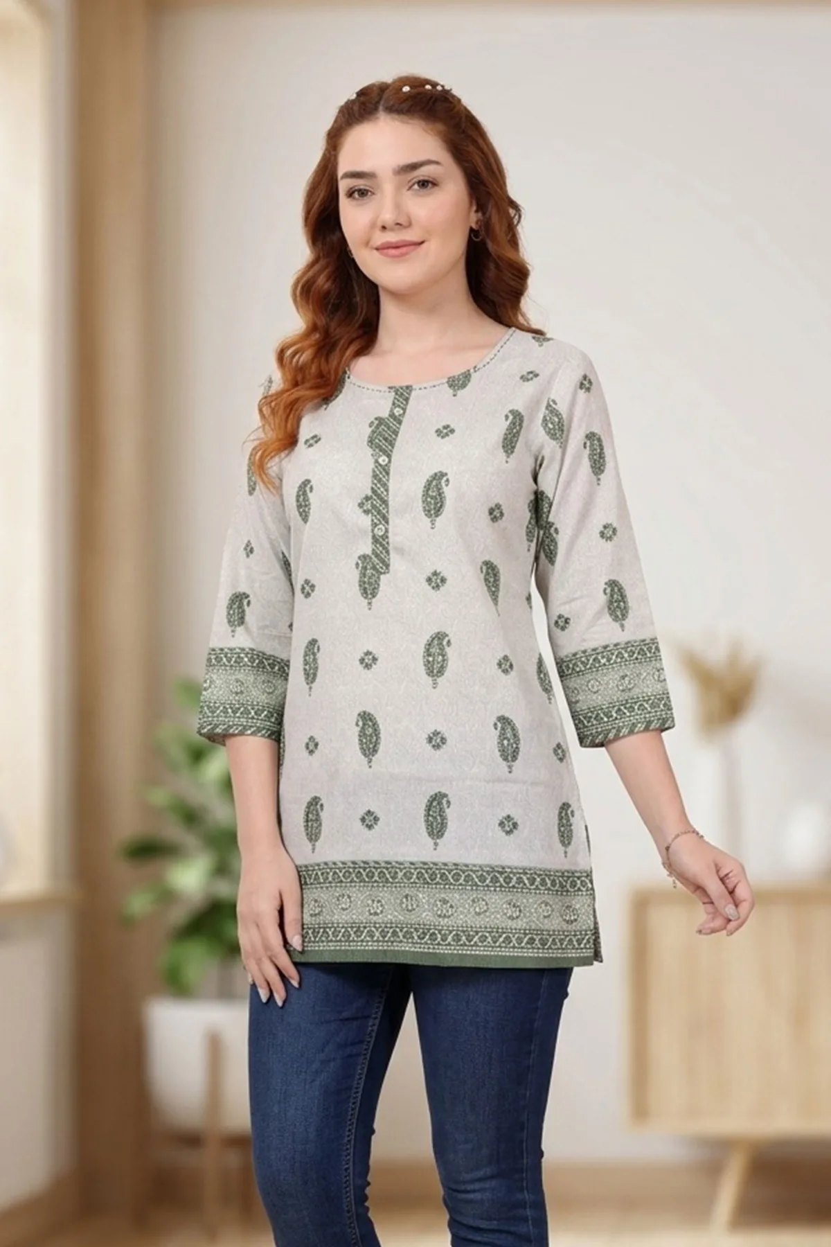 Round Neck Jaipuri Printed Cotton Short Kurti