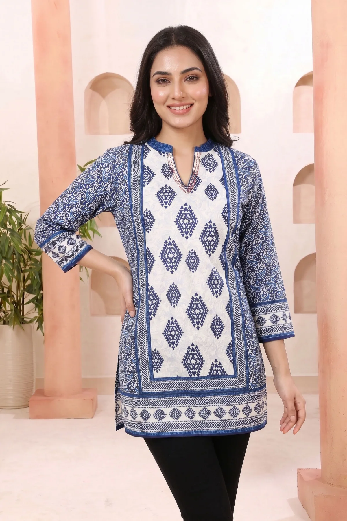 Indigo Blue Ethnic Motif Paisley Print Tunic with Ban Collar