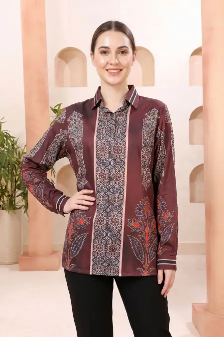 Maroon Modal Silk Printed Tunic with Shirt Collar