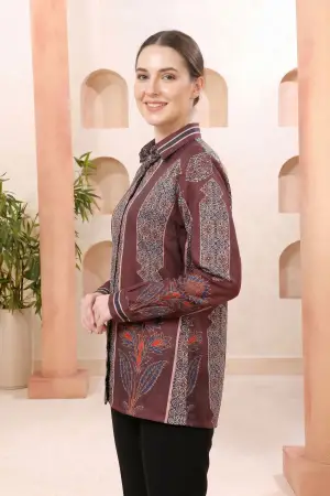 Maroon Modal Silk Printed Tunic with Shirt Collar - photo 2