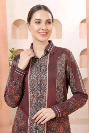 Maroon Modal Silk Printed Tunic with Shirt Collar - photo 3
