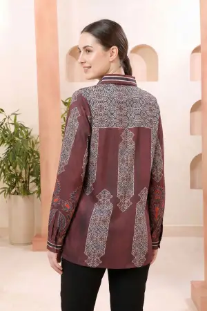 Maroon Modal Silk Printed Tunic with Shirt Collar - photo 4