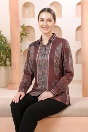 Maroon Modal Silk Printed Tunic with Shirt Collar - photo 5