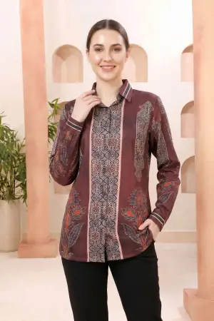Maroon Modal Silk Printed Tunic with Shirt Collar - photo 6
