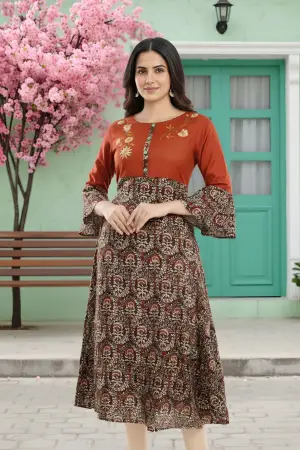Rust Rayon Printed Flared Long Tunic with Floral Embroidery - photo 1