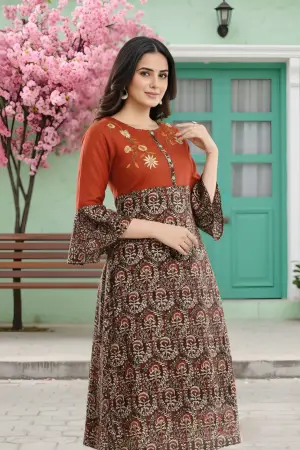 Rust Rayon Printed Flared Long Tunic with Floral Embroidery - photo 2