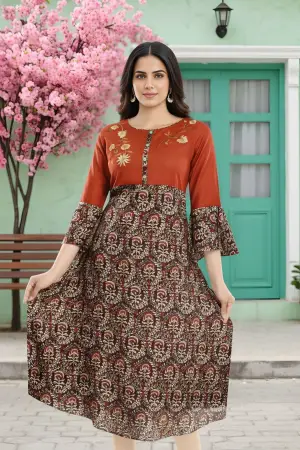 Rust Rayon Printed Flared Long Tunic with Floral Embroidery - photo 3