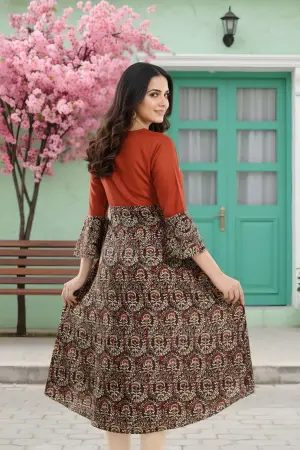 Rust Rayon Printed Flared Long Tunic with Floral Embroidery - photo 4