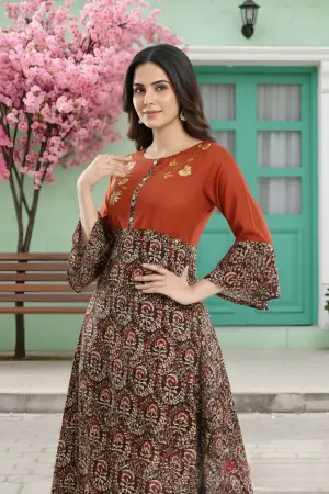 Rust Rayon Printed Flared Long Tunic with Floral Embroidery - photo 5