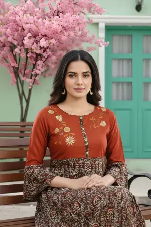 Rust Rayon Printed Flared Long Tunic with Floral Embroidery - photo 6