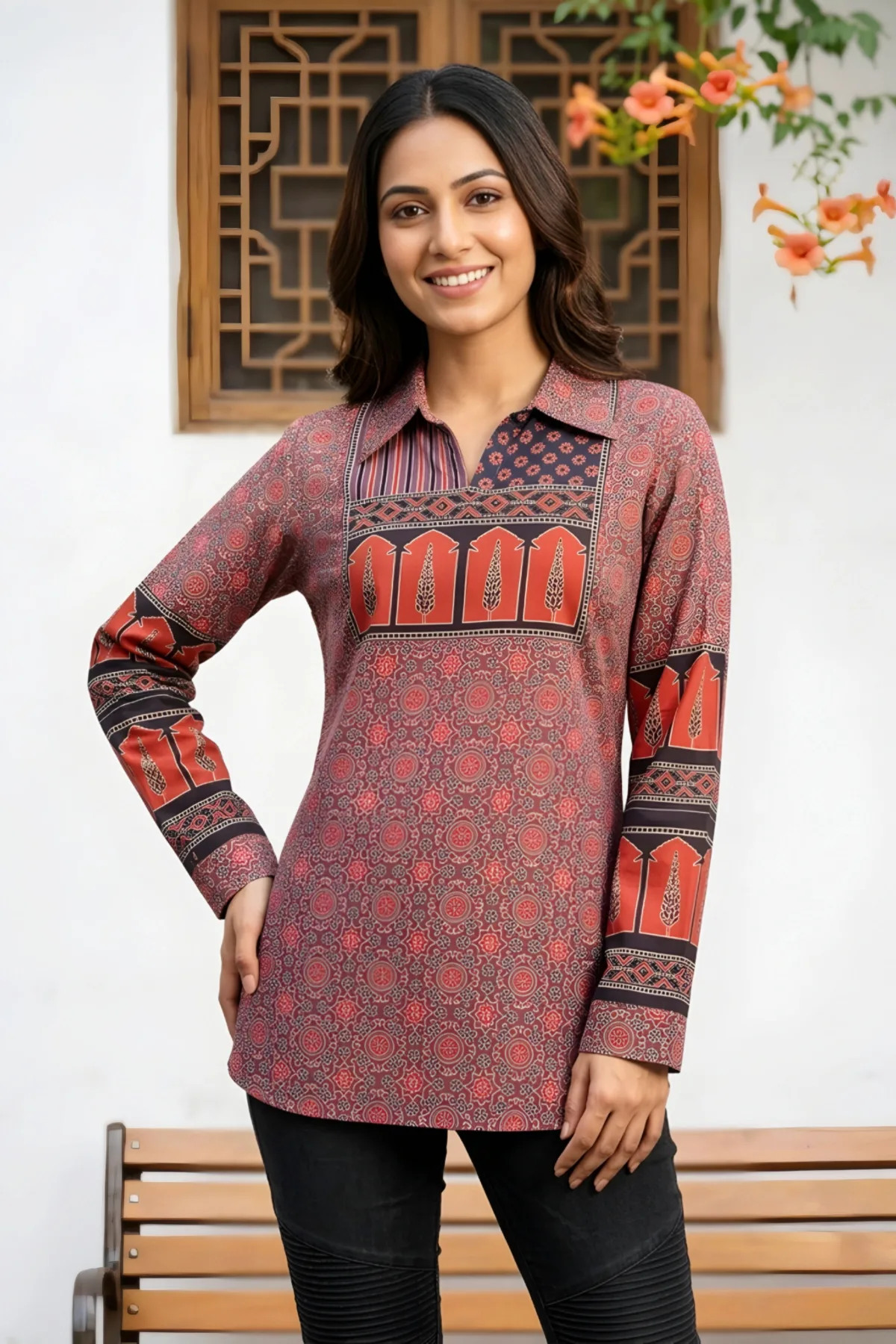 Rust Azrakh Print Modal Kurti with Shirt Collar