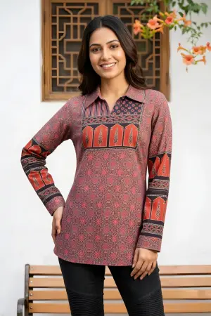 Rust Azrakh Print Modal Kurti with Shirt Collar - photo 1