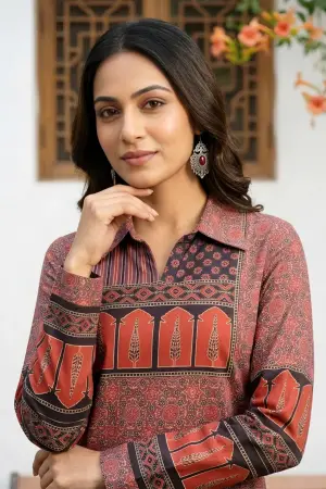 Rust Azrakh Print Modal Kurti with Shirt Collar - photo 3
