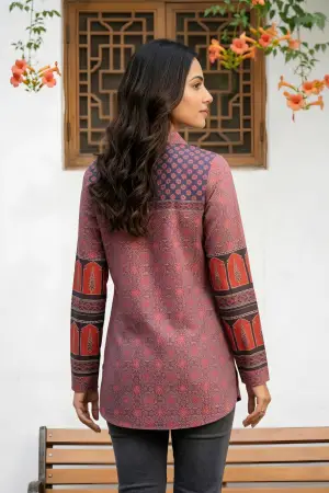 Rust Azrakh Print Modal Kurti with Shirt Collar - photo 4