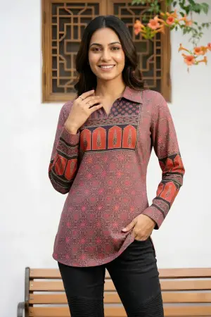 Rust Azrakh Print Modal Kurti with Shirt Collar - photo 5