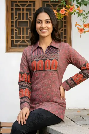 Rust Azrakh Print Modal Kurti with Shirt Collar - photo 6