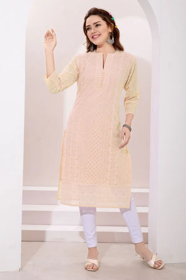 Beige Fine Georgette Chicken Embroidery Long Kurta