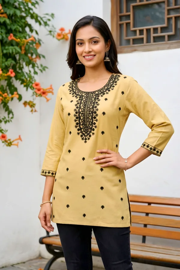 Beige Rayon Short Kurti with Chikankari Embroidery