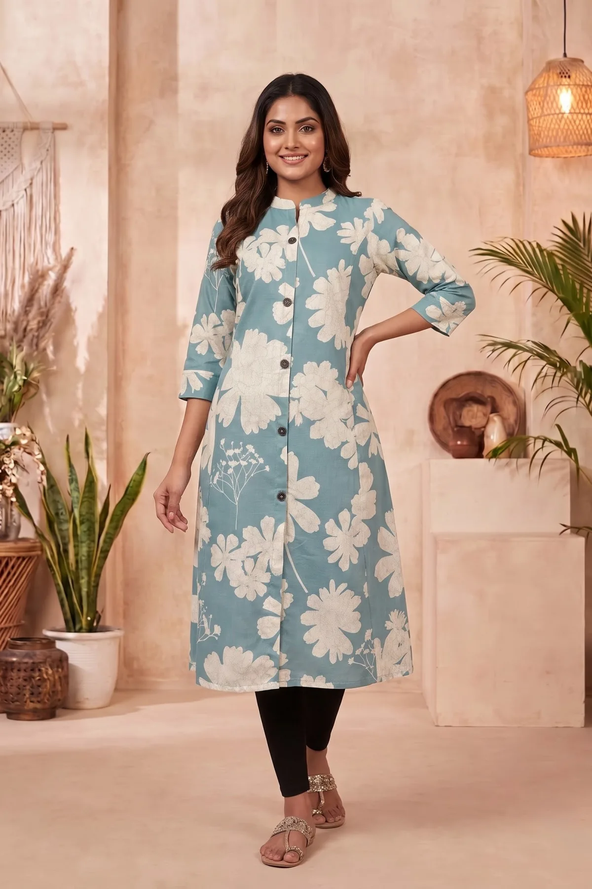 Powder Blue Floral Print Cotton Blend Long Kurti
