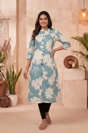 Powder Blue Floral Print Cotton Blend Long Kurti - photo 1
