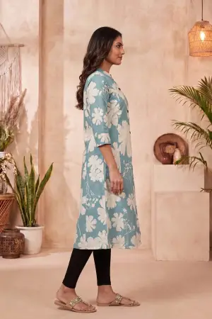 Powder Blue Floral Print Cotton Blend Long Kurti - photo 2