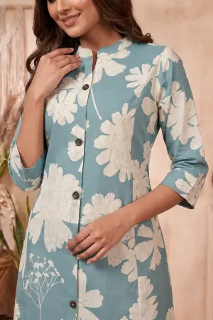 Powder Blue Floral Print Cotton Blend Long Kurti - photo 3