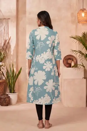 Powder Blue Floral Print Cotton Blend Long Kurti - photo 4