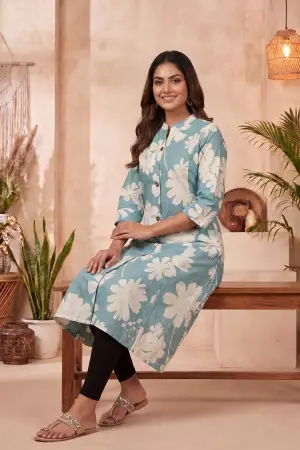 Powder Blue Floral Print Cotton Blend Long Kurti - photo 5