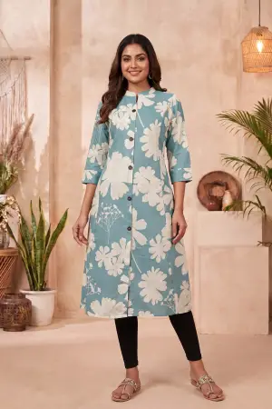 Powder Blue Floral Print Cotton Blend Long Kurti - photo 6