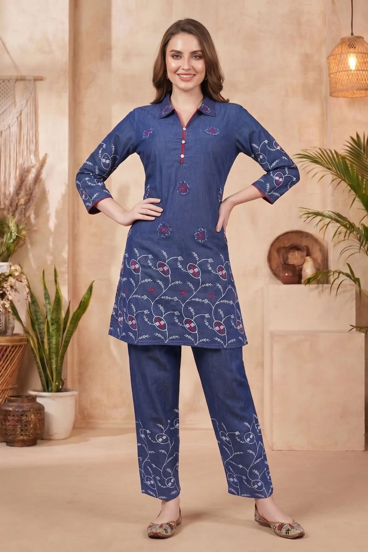 Indigo Denim Co-ord Set with Floral Thread Embroidery
