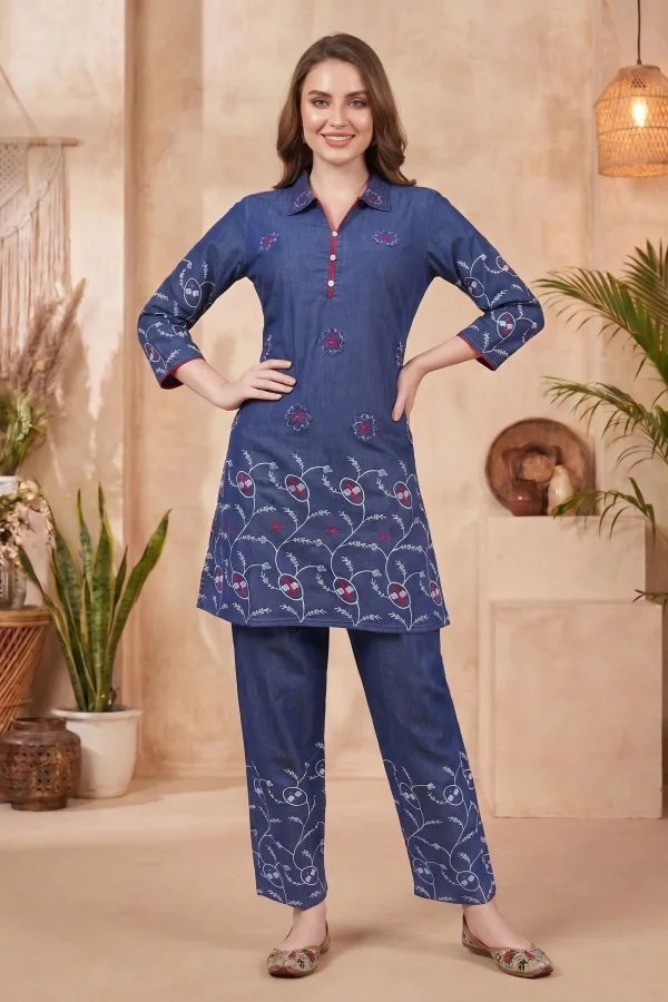 Indigo Denim Co-ord Set with Floral Thread Embroidery